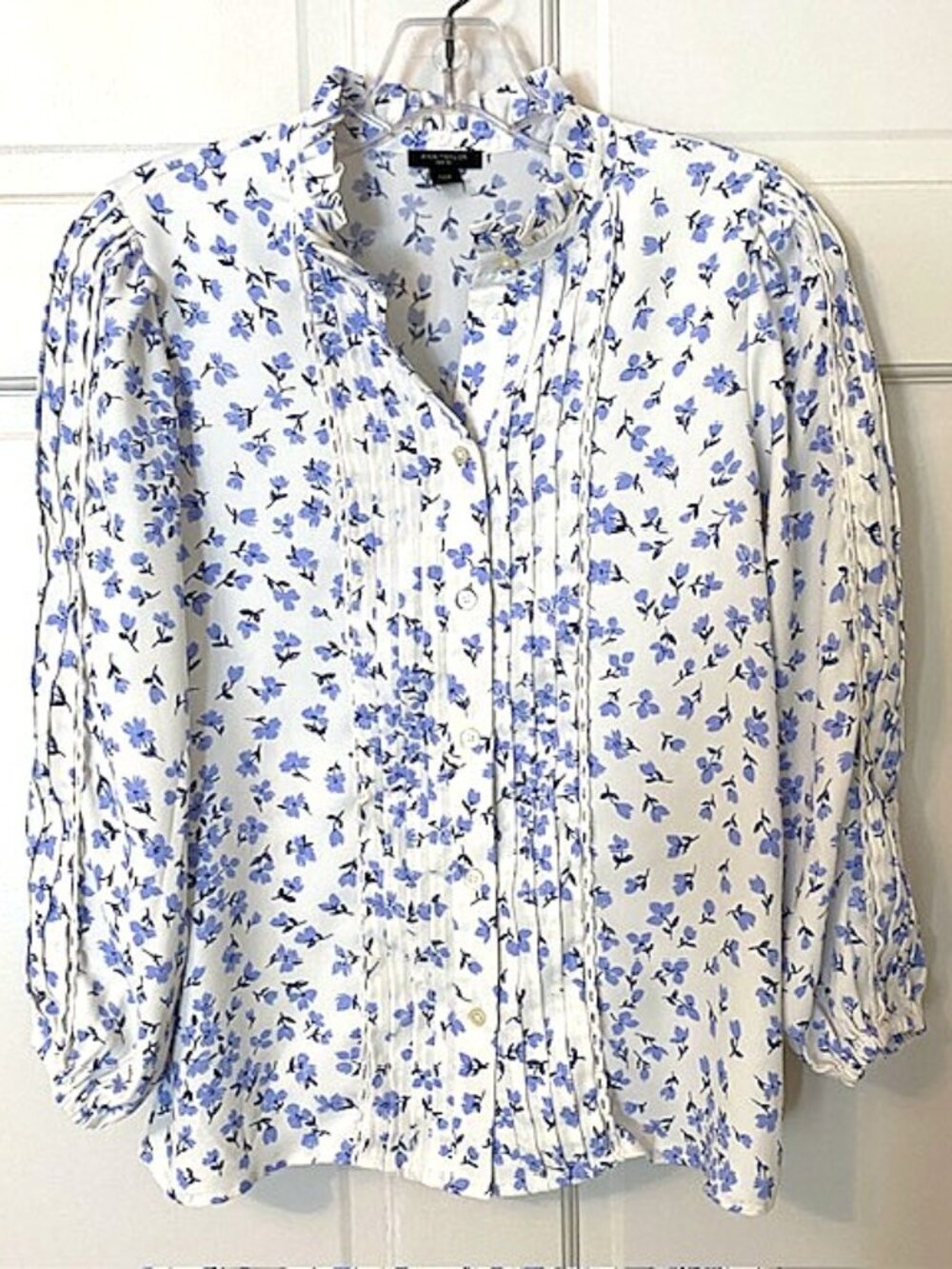 Ann Taylor Floral Ruffle-Neck Blouse Long Sleeve Women's Blue Petite XXS - Picture 2 of 10